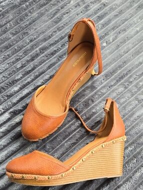 Maurices Tan Cognac Ankle-Strap Wedge Espadrilles